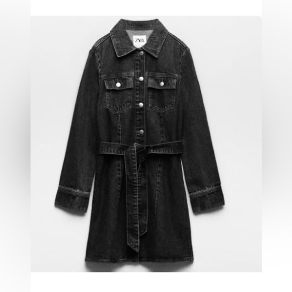 Zara black denim dress with tie - Picture 1 of 3